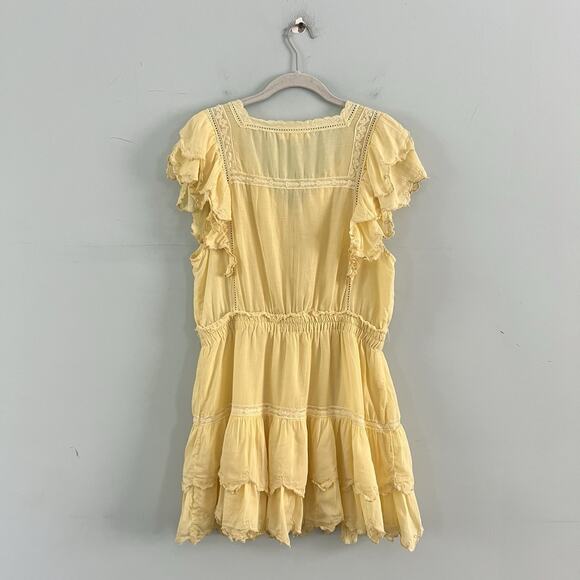 LoveShackFancy Darryl Lace Trim Pale Yellow Flutter Sleeve Ruffle Mini Dress - Picture 5 of 8